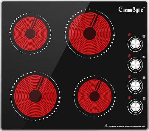 Estufa eléctrica de 24 pulgadas, estufa de cerámica de 4 quemadores con 9 niveles de potencia, control de perilla, apagado automático y advertencia