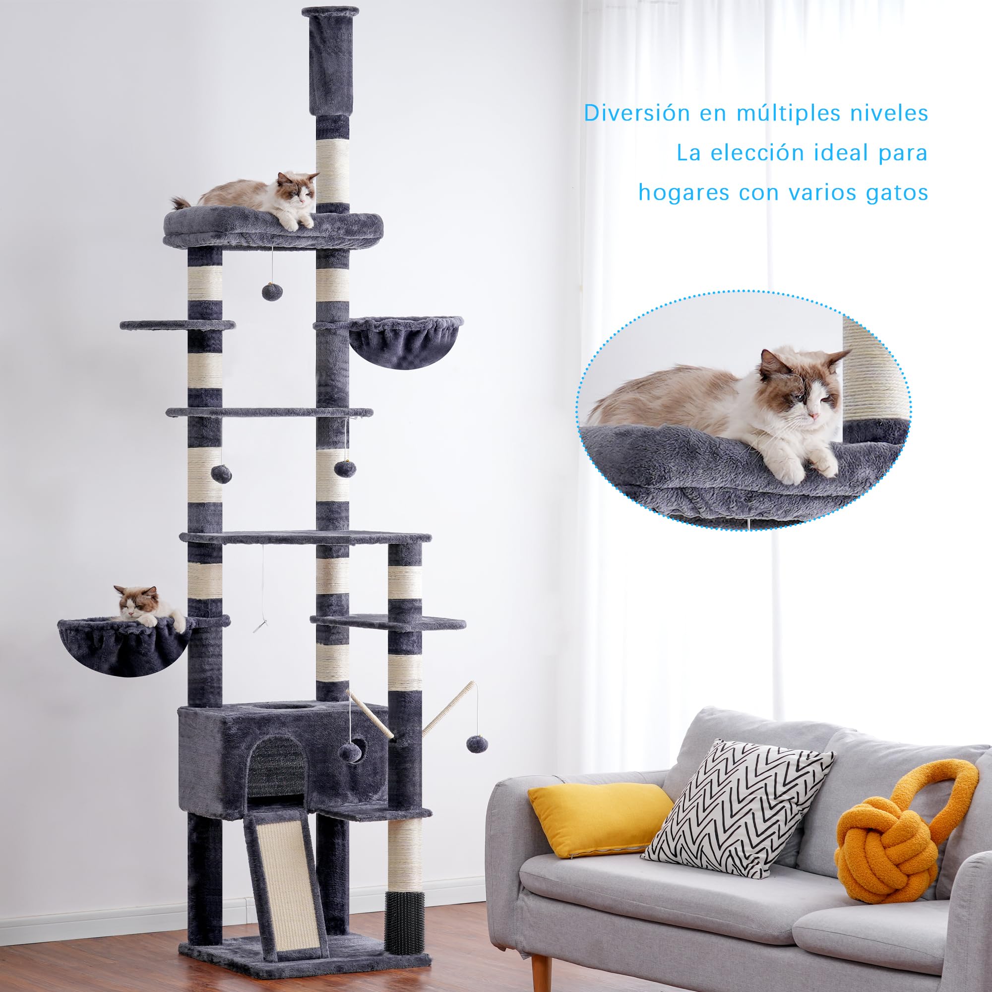Hey-brother Rascador para Gatos XXL, Altura Ajustable, 250 cm - 280 cm, hasta el Techo, Torre para Gatos Grandes, con Cueva, Color Gris Ahumado 0MPJ091G