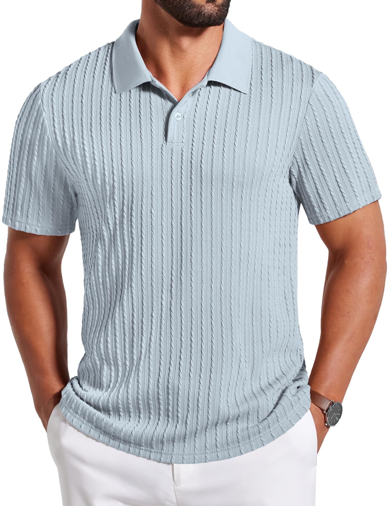Mens Polo Shirt Textured Knit Button Casual Short Sleeve Summer Vacation Beach Stretchy Golf Shirts