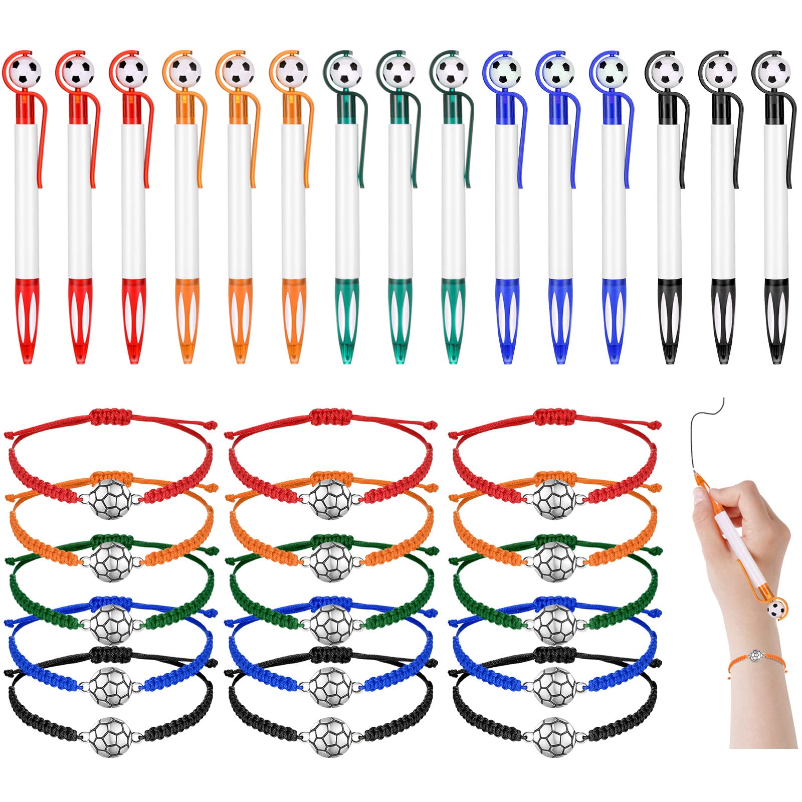 Sabary 30 Pcs Sport Theme Party Favors Set, 15 Pcs Soccer Pens 15 Pcs Soccer Theme Bracelets Ballpoint Pens Adjustable Bracelet Sport Party Gifts for Kids Teens Team Members (Multicolor)