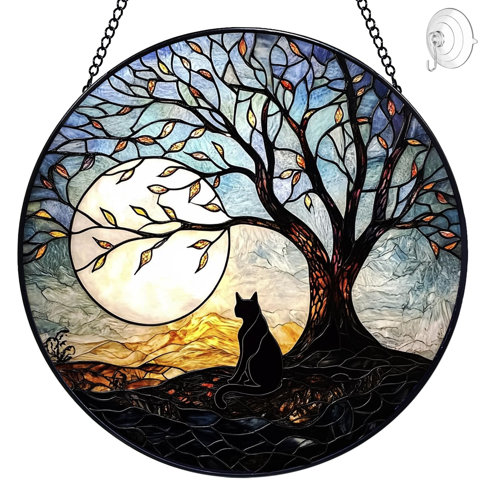 Cat with Tree of Life Suncatcher Stained Glass Window Hanging - 8” Stained Glass Suncatchers for Windows - Sun Catchers Indoor Window Catcher with Hooks and Chain - Birthday Gifts for Mom Grandma — image 1