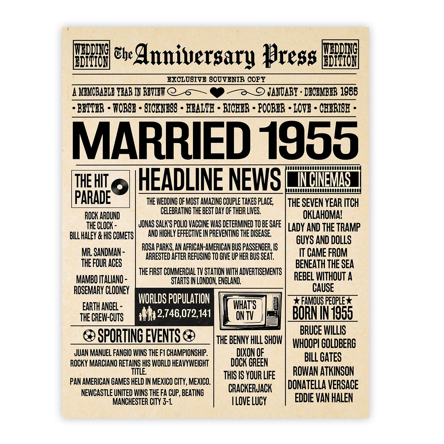 Stuff4 71st Anniversary Poster Unframed - Married In 1955 Newspaper - Happy 71st Wedding Anniversary for Men Women Vintage Gifts Retro Back In 1955, 8x10 Inch Anniversaries Posters