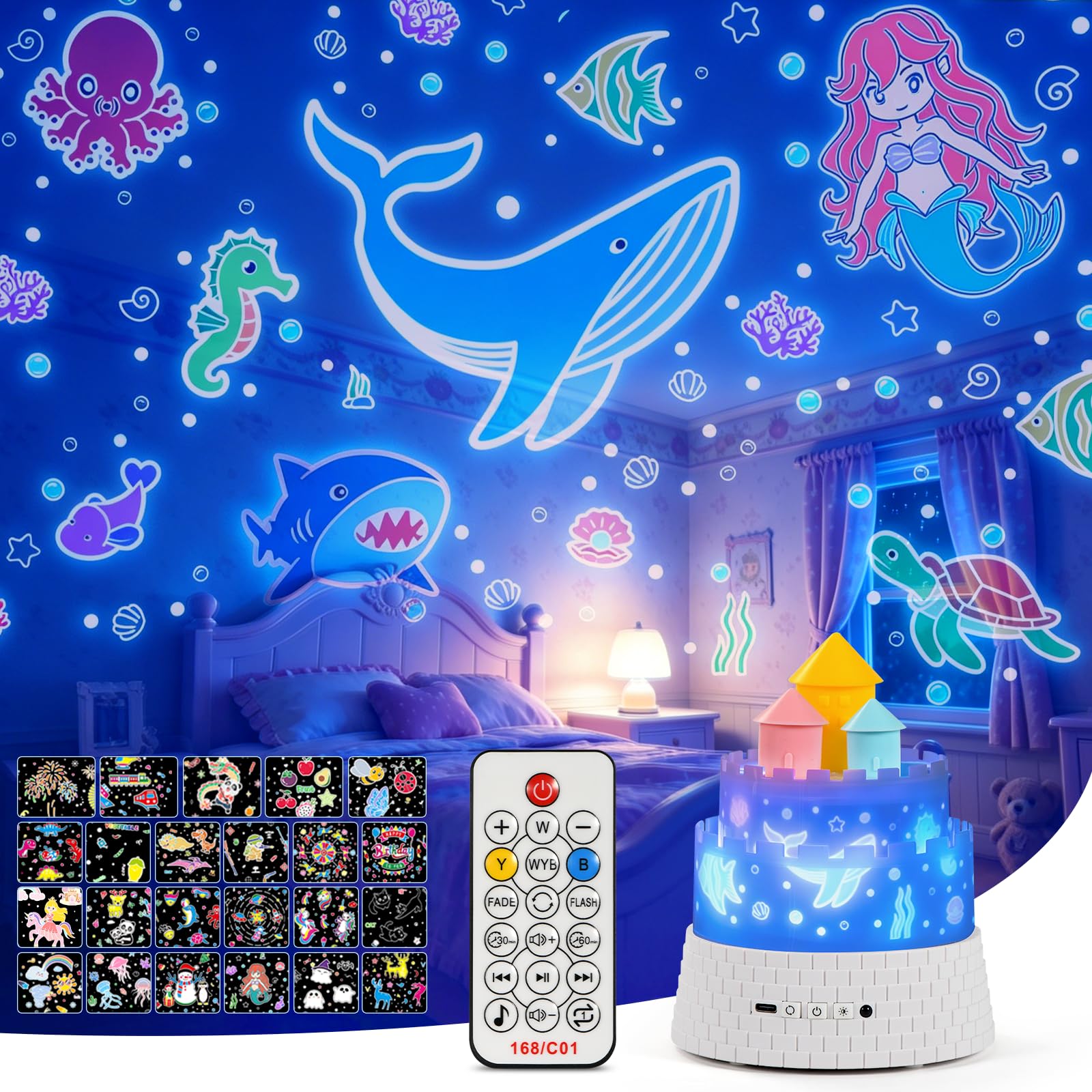 Kids Night Light Projector, Sensory Toys Baby Toys,12 Music & 23 Films, Dimmable+Timer+Remote Projector, Rechargeable Sleep Aid with 360° Rotating, Remote & Timer, Birthday, Christmas gift, Room Decor