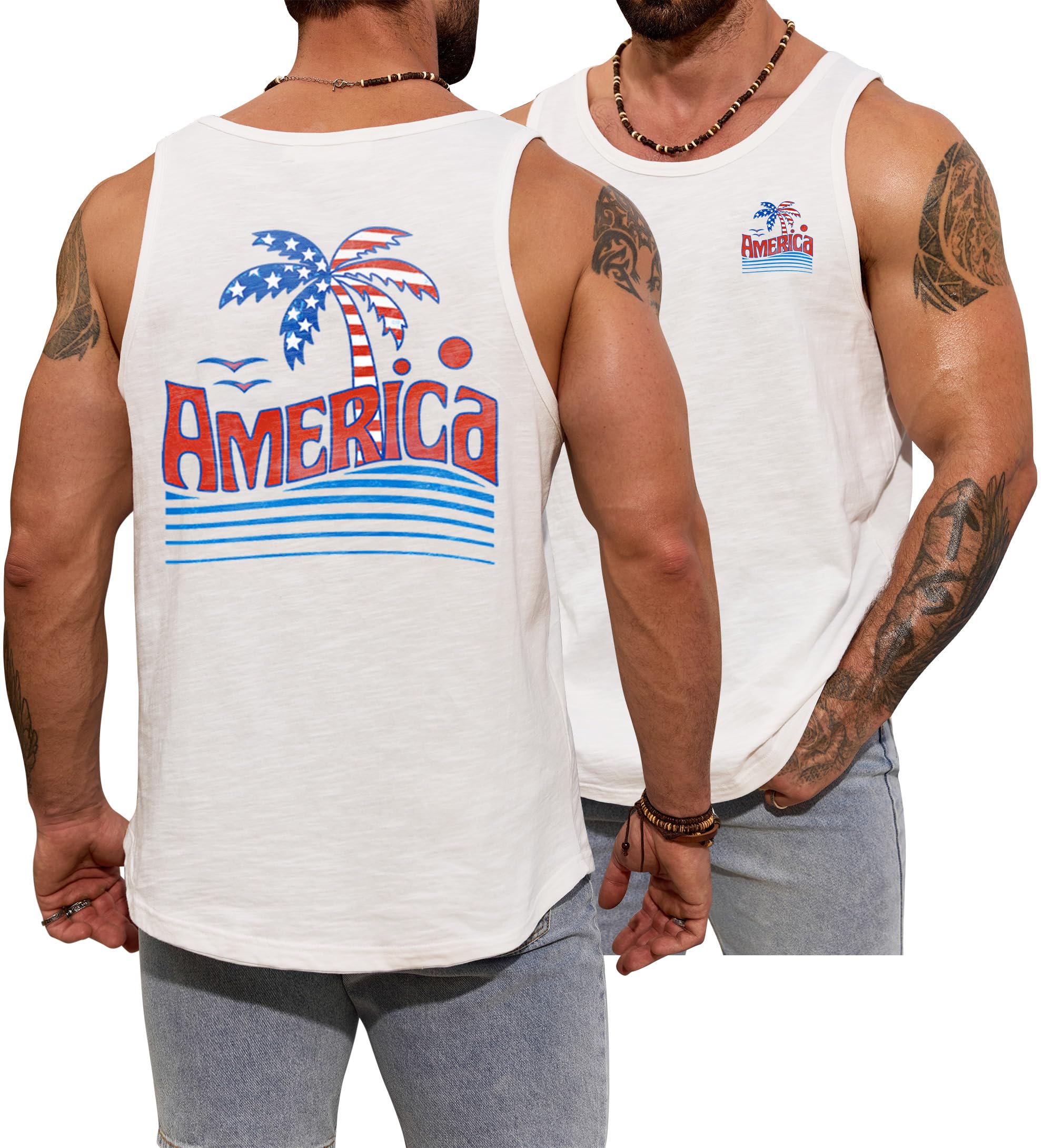 VOGSTART Mens Graphic Muscle Tank Top Beach Slub Cotton Sleeveless Shirts