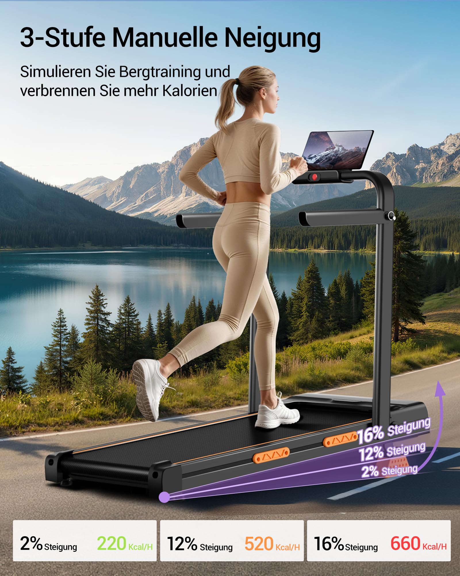 CURSOR Tapis de Marche Pliable Inclinable 16%, 10km/h Tapis de Course Pliable Inclinable, avec Affichage LED, Télécommande, 3.0 HP Treadmill Walking Pad, Tapis de Marche Bureau, 159KG Max Charge