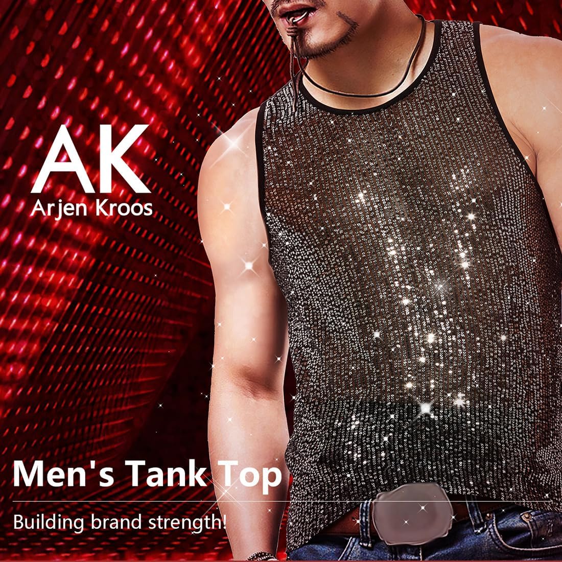 Arjen Kroos Men's Sexy Sparkly Tank Top See-Through Mesh Sequin Disco Vest - Image 5