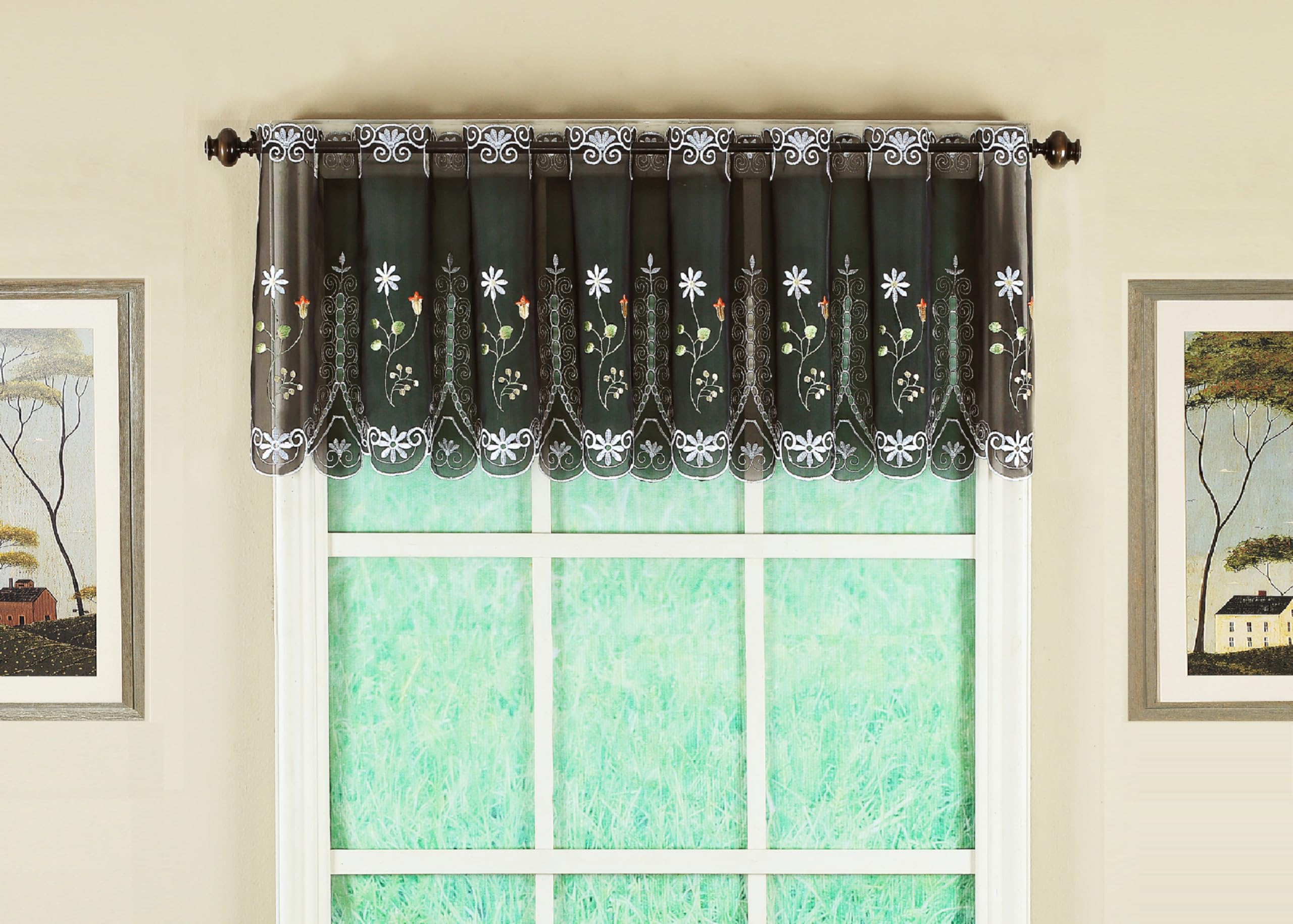 Samantha Embroidered Sheer Valance 13", Black, 59" W x 13" L