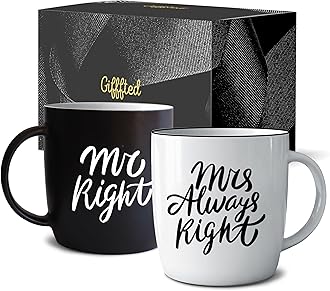 Triple Gifffted Mr Right Mrs Always Right Coffee Mugs Gifts Ideas for Couples, Wedding Anniversary, Engagement, Christmas, His & Hers, Bride and Groom, Parents, Newlyweds Bridal Shower, Ceramic 380ml