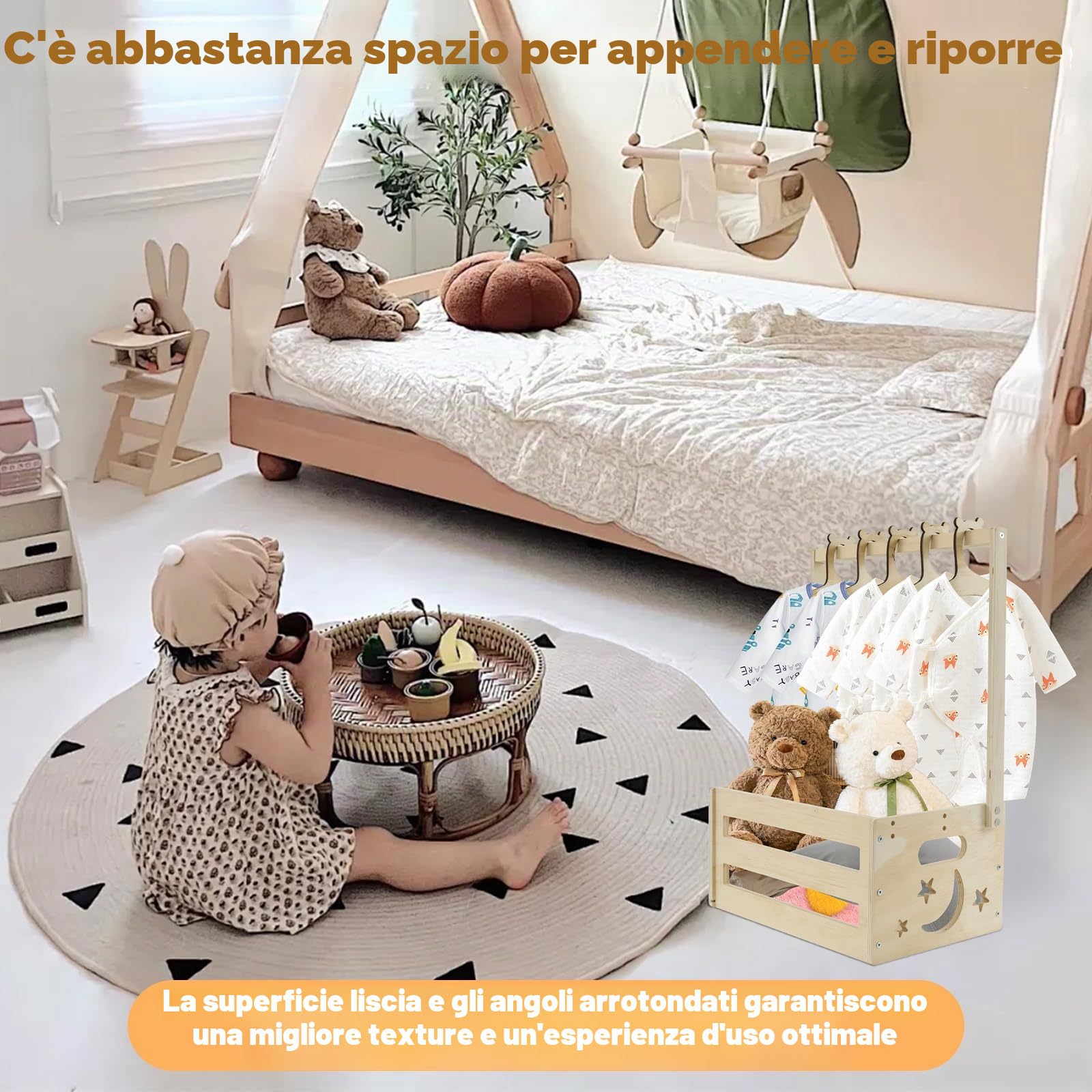 Cesto regalo per bambini in legno cestino armadio per bambini con manico e 5 grucce in legno baby shower armadio per compleanni Natale nuovi genitori