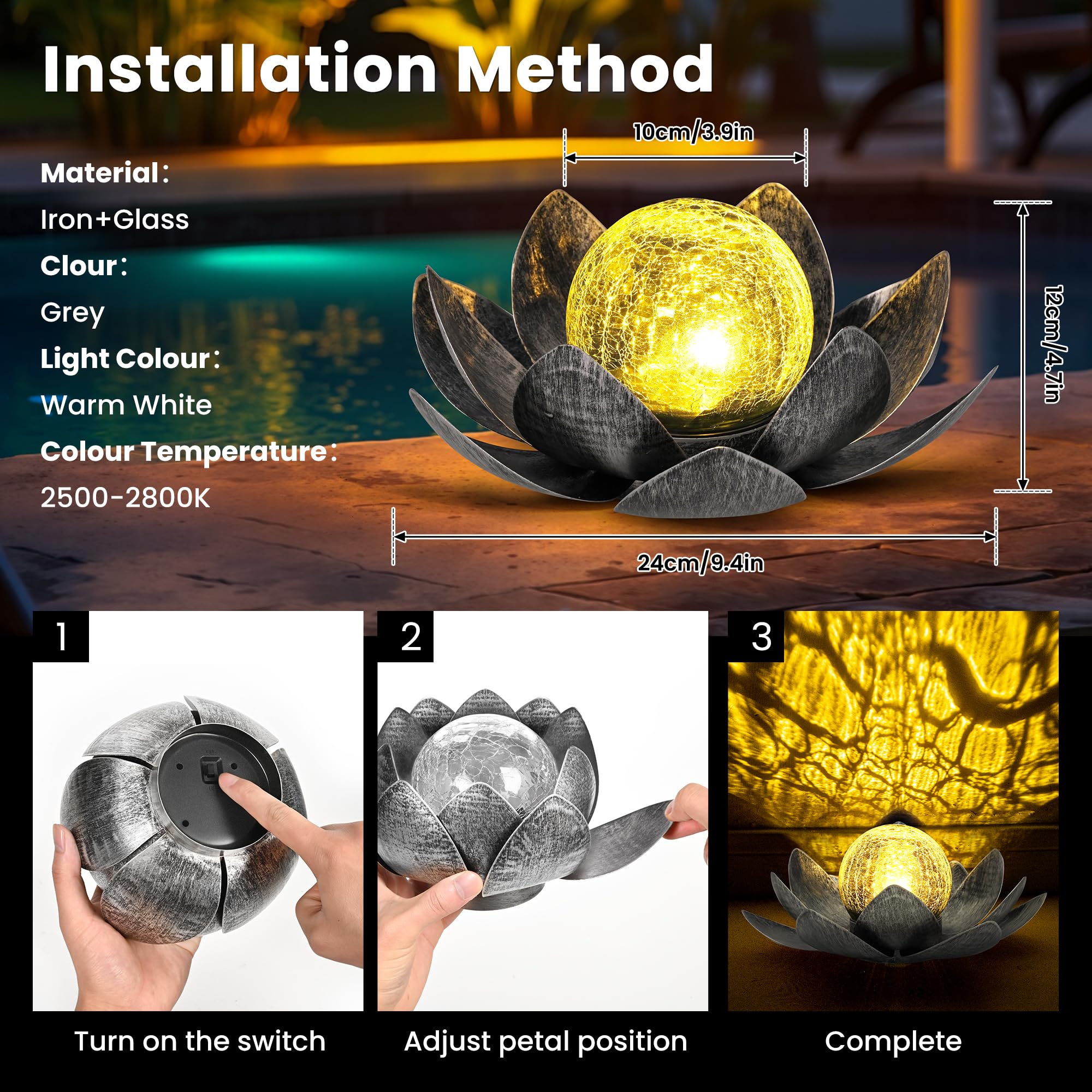 GIGALUMI Luces Solares para Decoración de Jardín al Aire Aibre, Pétalos de Metal Ajustables, Luces de Flor de Loto, Decoración de Mesa al Aire Libre, IP44 impermeable(Gris)