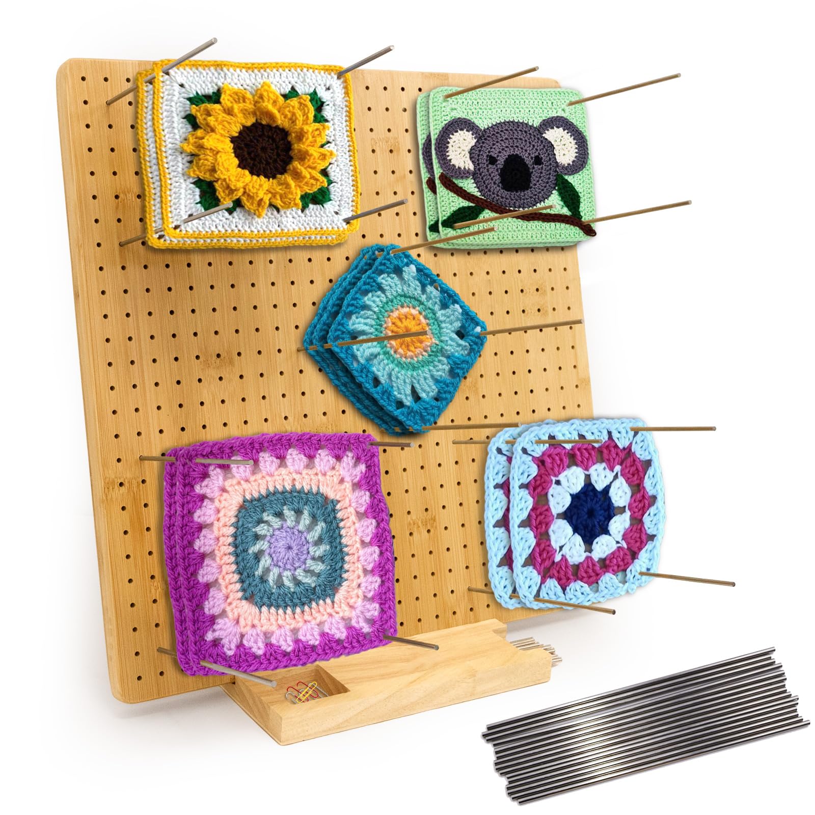 Iswabard 15x15 Inch Blocking Mats Blocking Board for Crocheting with 15 Stainless Steel Rods Crochet Blocking Board Large Base Bamboo Granny Square (Bamboo-C15‘’)