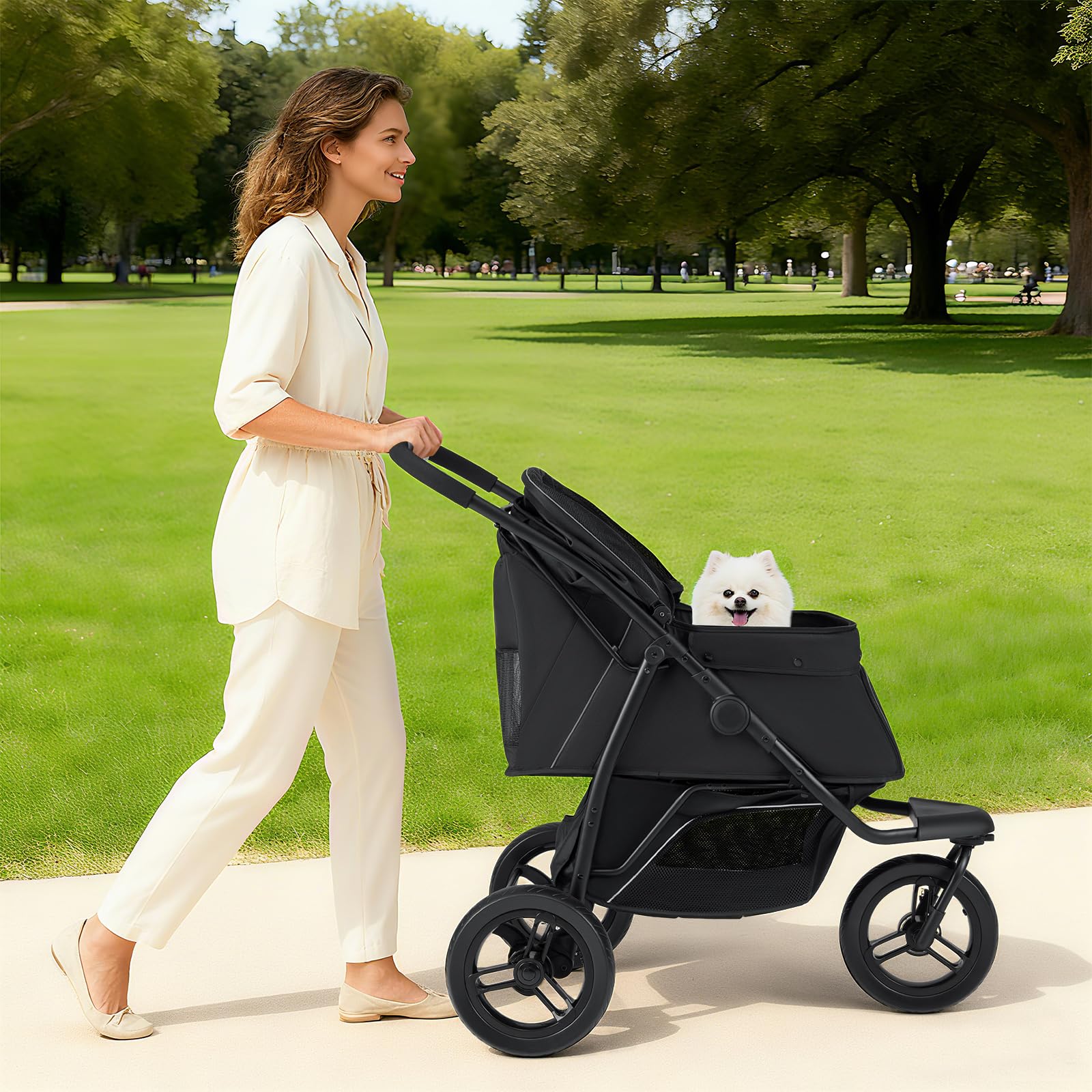 COSTWAY Passeggino a 3 Ruote per Cani Piccoli e Medi, Passeggino Pieghevole per Gatti con Freno a Pedale Singolo, Tenda Regolabile, Cestino, Cuscino e Guinzaglio di Sicurezza, Portata 25 Kg (Nero)