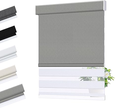 Allesin Zen Cordless Dual Roller Shades with Square Cassette, Double Layer Window Shades, Blackout and Light Filtering, Day and Night Blinds for Home Office Door, Gray and White, 24" W X 46" H