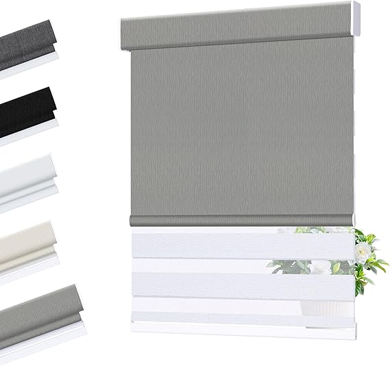 Allesin Zen Cordless Dual Roller Shades with Square Cassette, Double Layer Window Shades, Blackout and Light Filtering, Day and Night Blinds for Home Office Door, Gray and White, 24" W X 46" H