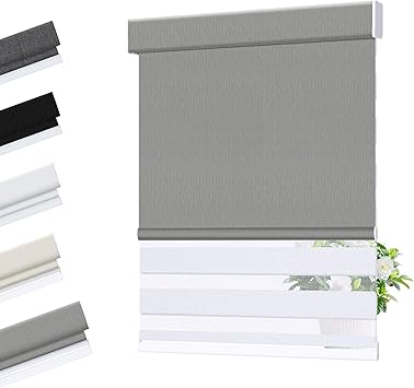 Allesin Zen Cordless Dual Roller Shades with Square Cassette, Double Layer Window Shades, Blackout and Light Filtering, Day and Night Blinds for Home Office Door, Gray and White, 24" W X 46" H
