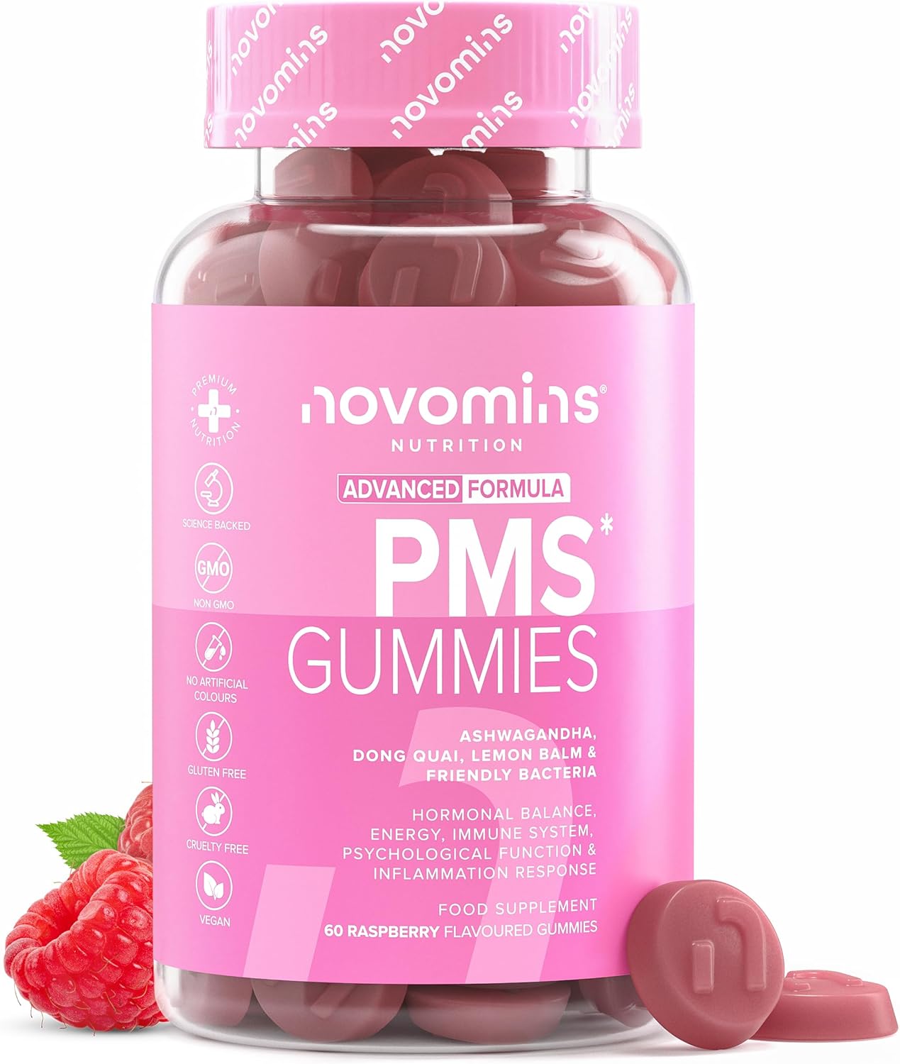PMS Gummies – Vegan PMS Supplements for Women – with Probiotics, Vitamin B6, Magnesium – Vegan – Hormone Balance for Women – 60 Gummies – Novomins
