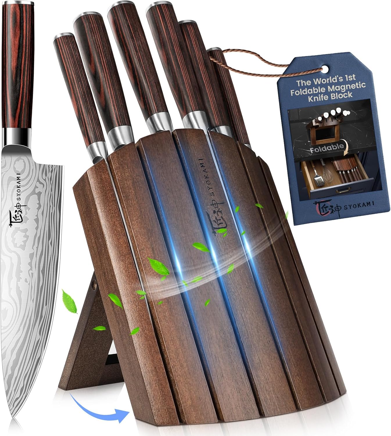 Knife Set 7 Piece Japanese Style Kitchen Knife Set With Foldable Magnetic Acacia Wood Block Sharp High Carbon Stainless Steel Knives Set for Kitchen with Anti-slip Handle, Christmas Gift