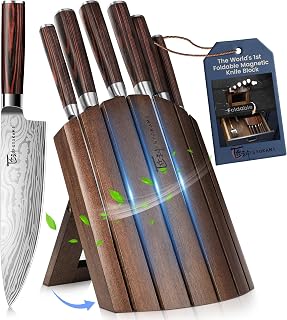 SYOKAMI 7-Piece Japanese Knife Set with Foldable Magnetic Acacia Wood Block - Razor-Sharp High-Carbon Steel, Anti-Slip Handles
