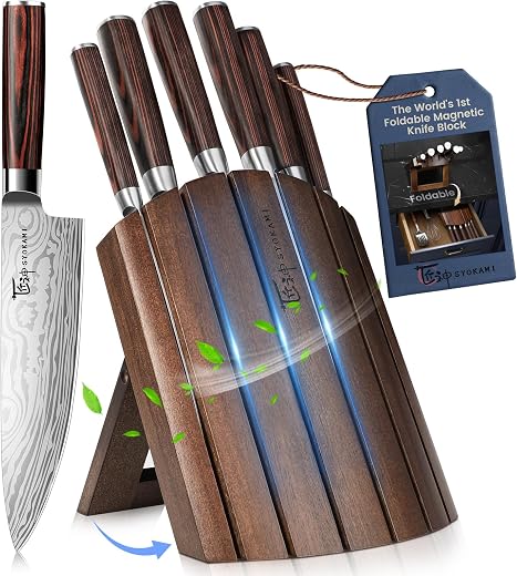 SYOKAMI 2026 Upgrade Knife Set 7 Piece Japanese Style Kitchen Knife Set With Foldable Magnetic Acacia Wood Block Sharp High Carbon Stainless Steel Chef Knives Set with Anti-slip Handle, Gift for Mom