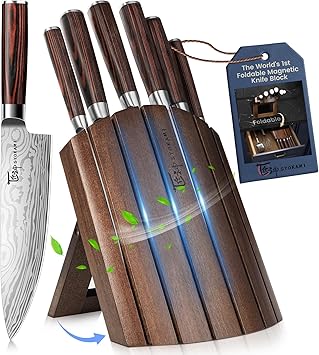 SYOKAMI 2026 Upgrade Knife Set 7 Piece Japanese Style Kitchen Knife Set With Foldable Magnetic Acacia Wood Block Sharp High Carbon Stainless Steel Chef Knives Set with Anti-slip Handle, Ideal for Gift