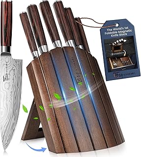 Knife Block Set, 7 Piece Japanese Style Kitchen Knives With Collapsible Block-Drawer Or Countertop Organizer, Ultra Sharp High Carbon Steel Cutting Knife With Wooden Handle, House Warming Gift