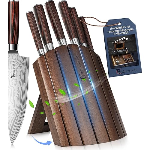 Knife Set 7 Piece Japanese Style Kitchen Knife Set With Foldable Magnetic Acacia Wood Block Sharp High Carbon Stainless Steel Knives Set for Kitchen with Anti-slip Handle, Christmas Gift