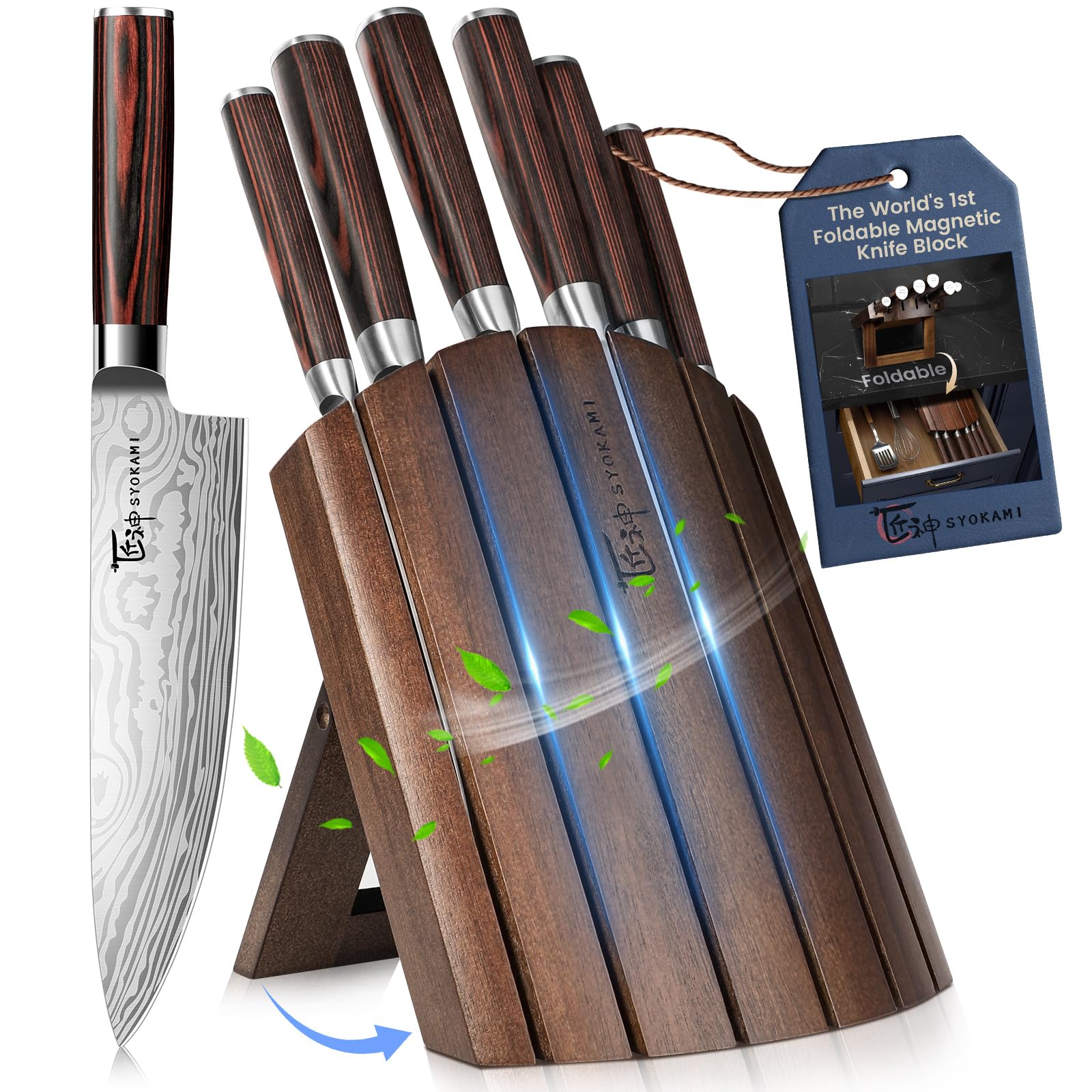 Knife Block Set, 7 Piece Japanese Style Kitchen Knives With Collapsible Block-Drawer Or Countertop Organizer, Ultra Sharp High Carbon Steel Cutting Knife With Wooden Handle, House Warming Gift