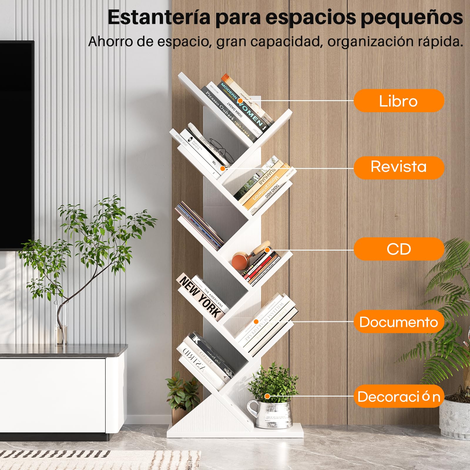 iSunirm Estante de Pie de Árbol,Librería de 9 Niveles,Estante de Libros de Pie para Piso,Estanterías de Almacenamiento de Exhibición para Sala de Estar, Hogar,Oficina,Blanco
