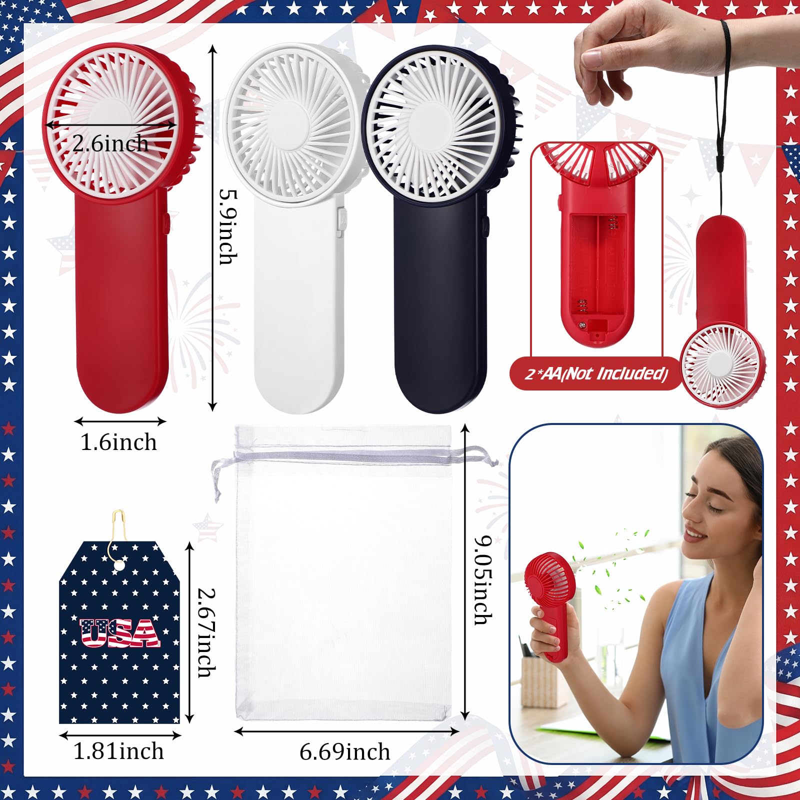 Sumind 12 Sets Mini-Ventilatoren, tragbar, batteriebetrieben, 12 Dankeskarten mit Nadel, 12 Organza-Beutel für Unabhängigkeitstag, Parade, Veteranen, patriotische Party, Team-Geschenke