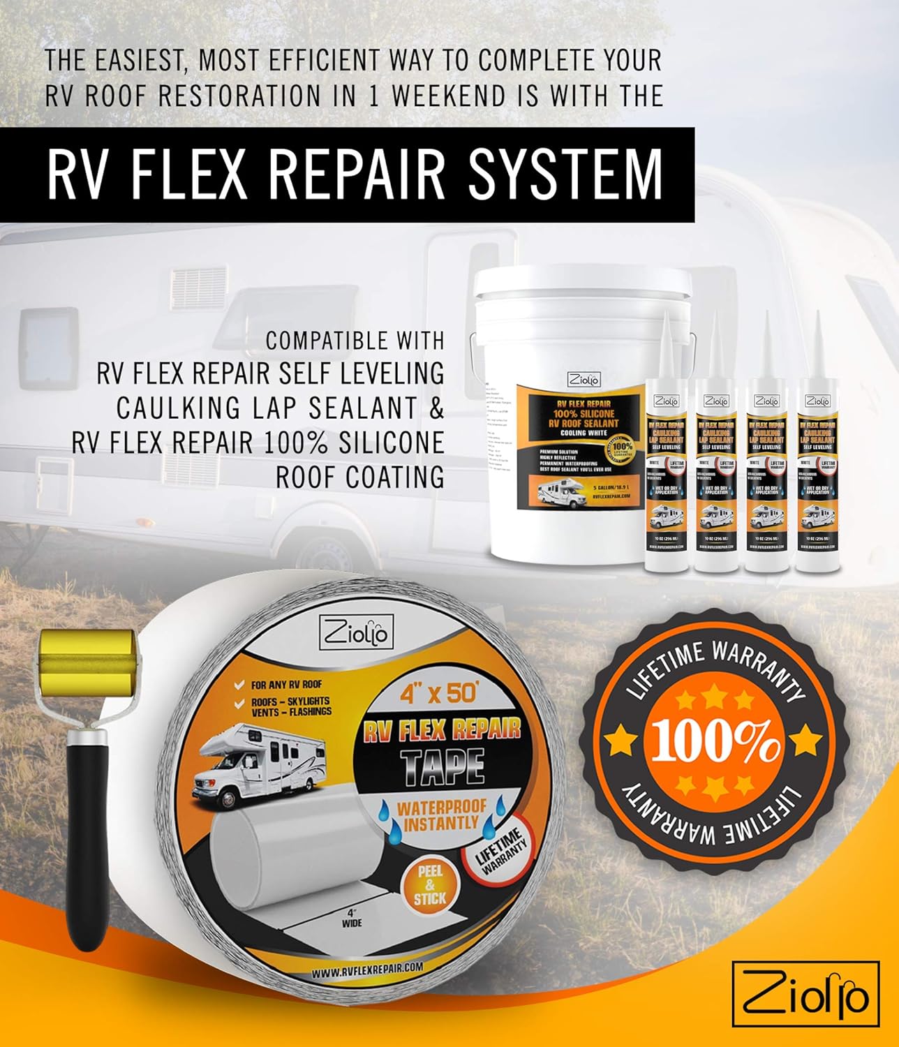 🛒 Crazy Deals Ziollo RV Flex Repair Tape - Roof Seam Tape to Seal and Waterproof, Bond to EPDM Rubber with Butyl Sealant, Seal Vents and Skylights on Motorhomes, Trailers, Campers (White, 4-inch x 50 Foot Roll) Exclusive Discount 70% Price Ziollo RV Flex Repair Tape - Roof Seam Tape to Seal and Waterproof, Bond to EPDM Rubber with Butyl Sealant, Seal Vents and Skylights on Motorhomes, Trailers, Campers (White, 4-inch x 50 Foot Roll)