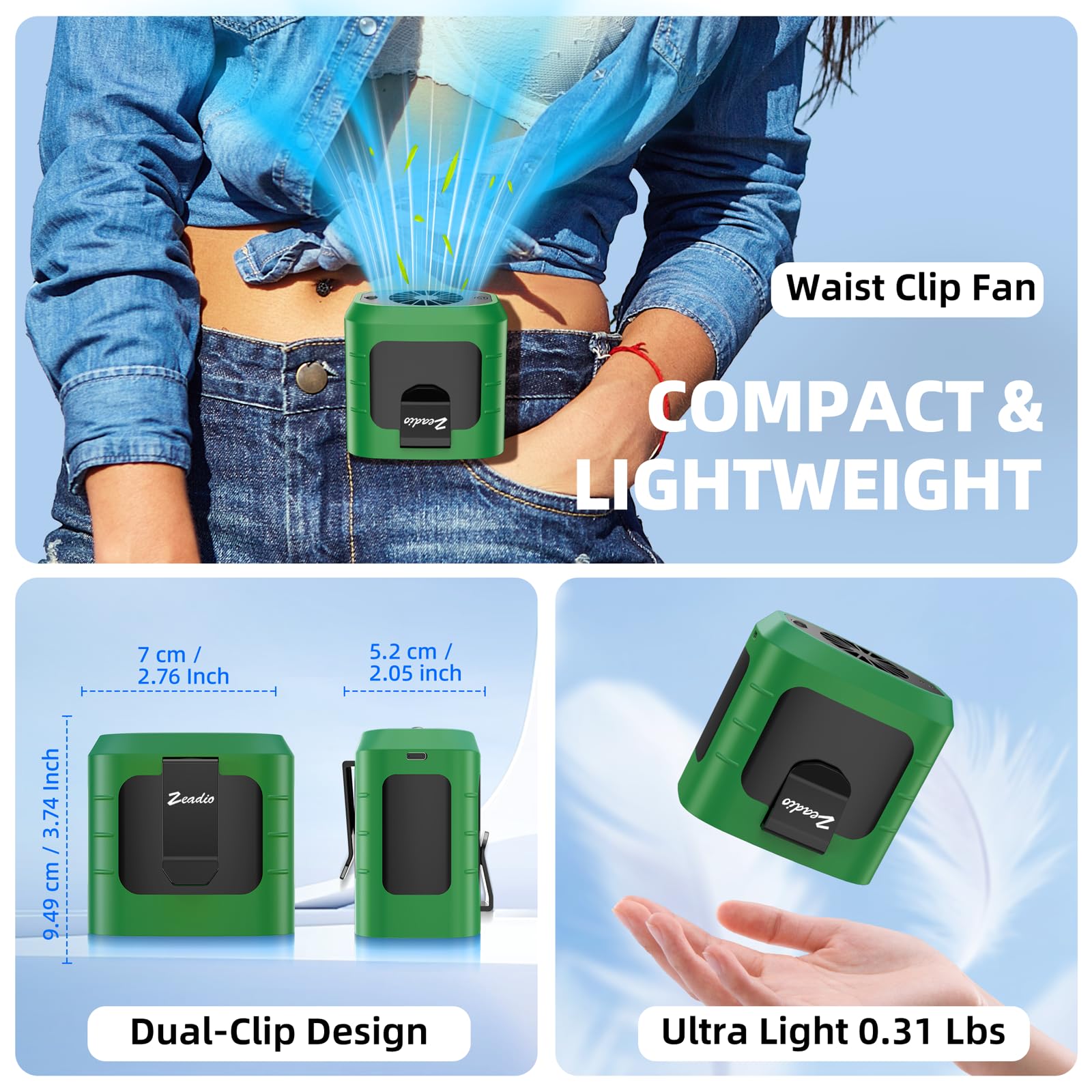 Zeadio - Ventilatore portatile con clip per cintura, 3 velocità, 10000 mAh, indossabile come collana, senza mani, con funzione di illuminazione per vampate di calore, per casa, ufficio, viaggi, sport
