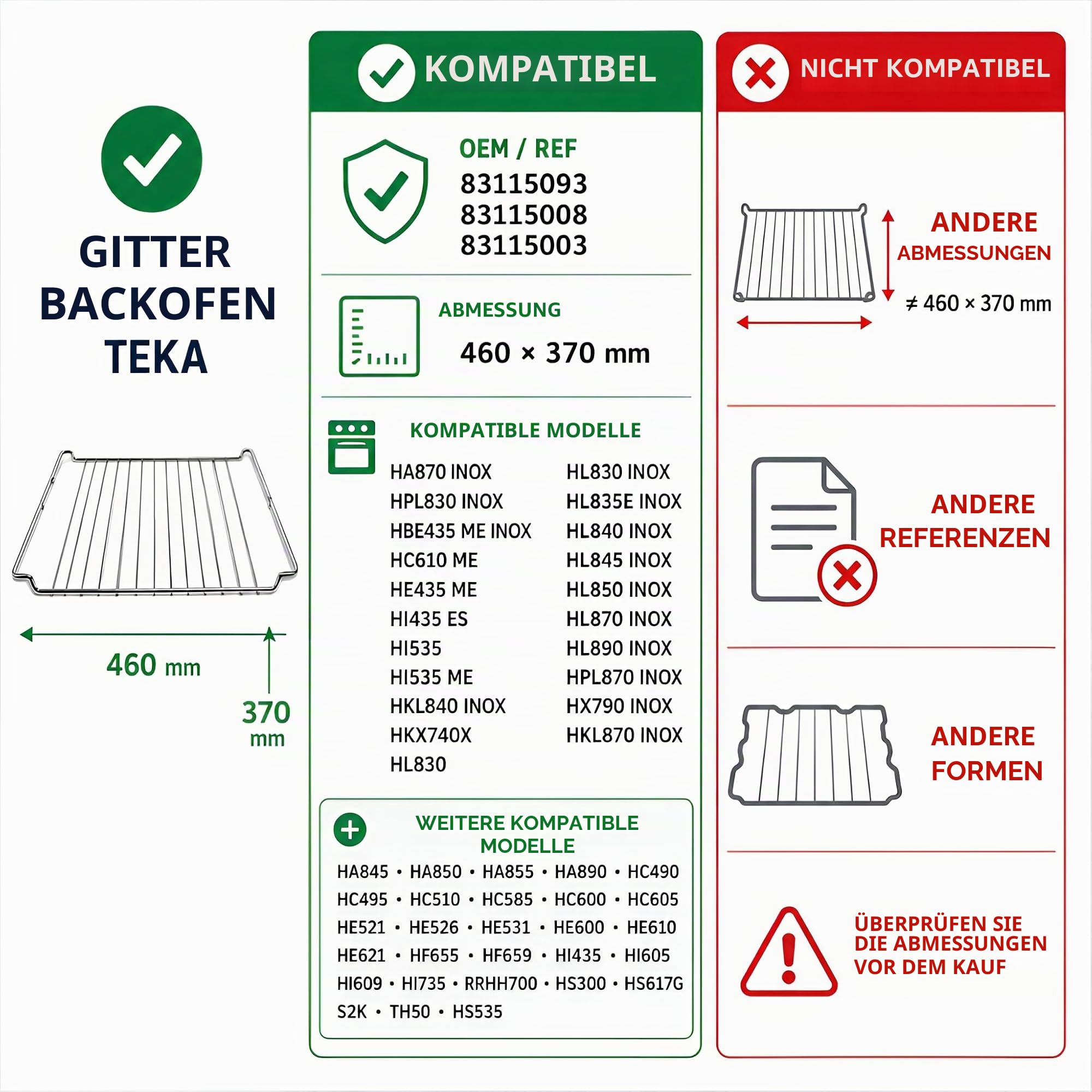 MIRTUX 2 x Grillroste, kompatibel mit Teka Backofen, Maße: 46 cm (L) x 37 cm (B), Originalmodell: 83115093-83115008 - 83115003