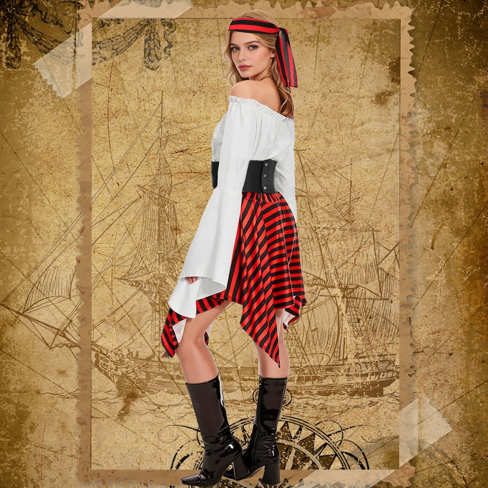 Bocguy Kostium piracki damski, kostium pirata, kostium pirata, kostium karnawałowy, damski pirat, średniowieczny strój dla dorosłych, na Halloween, karnawał, imprezę, cosplay