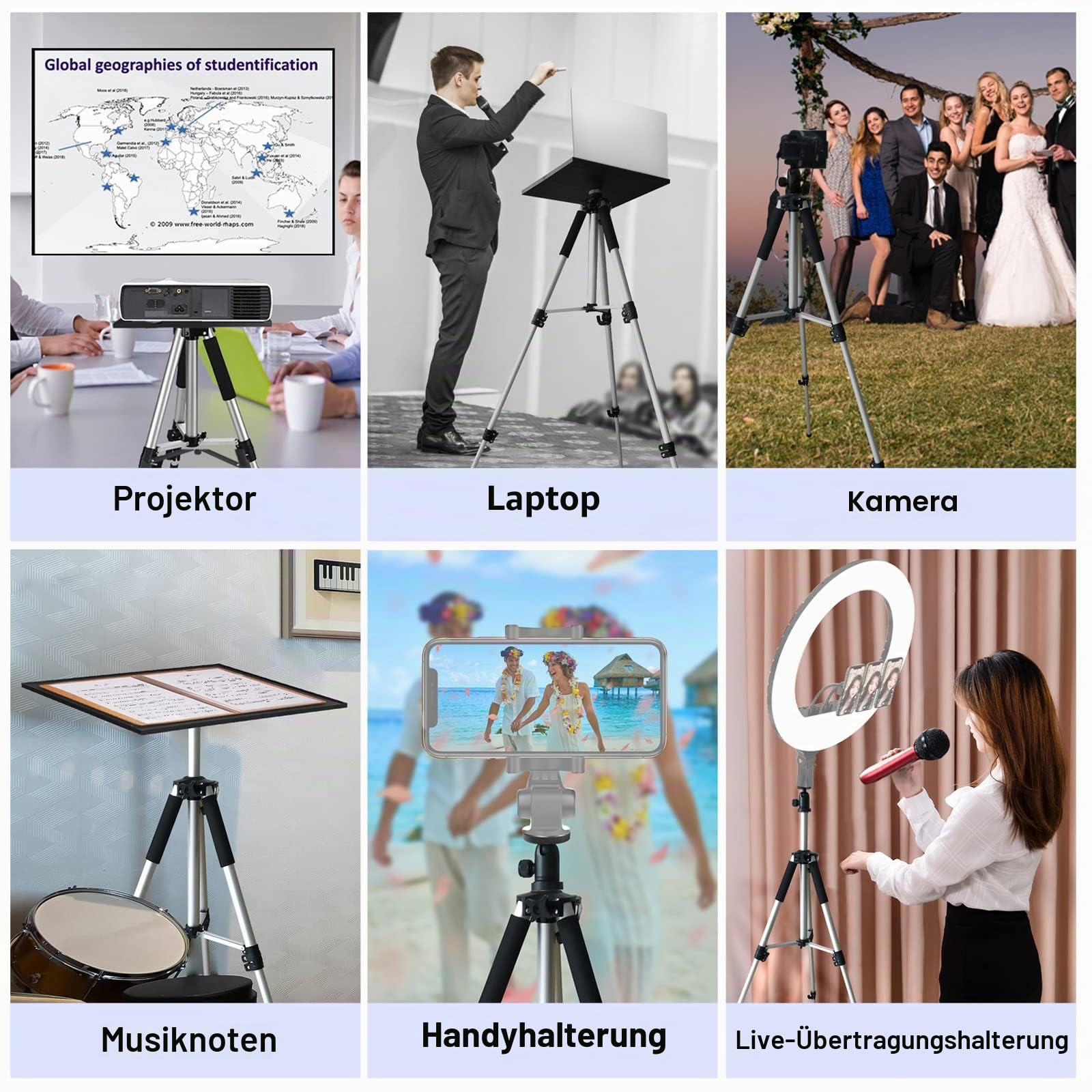 SKERELL Beamer Ständer Multifunktionaler Bodenständer für Projektor Laptop Kamera, Tragbarer Aluminium verstellbar Höhe 18-48 Zoll, mit Platte Kugelkopf Tragetasche, 33LB Silber