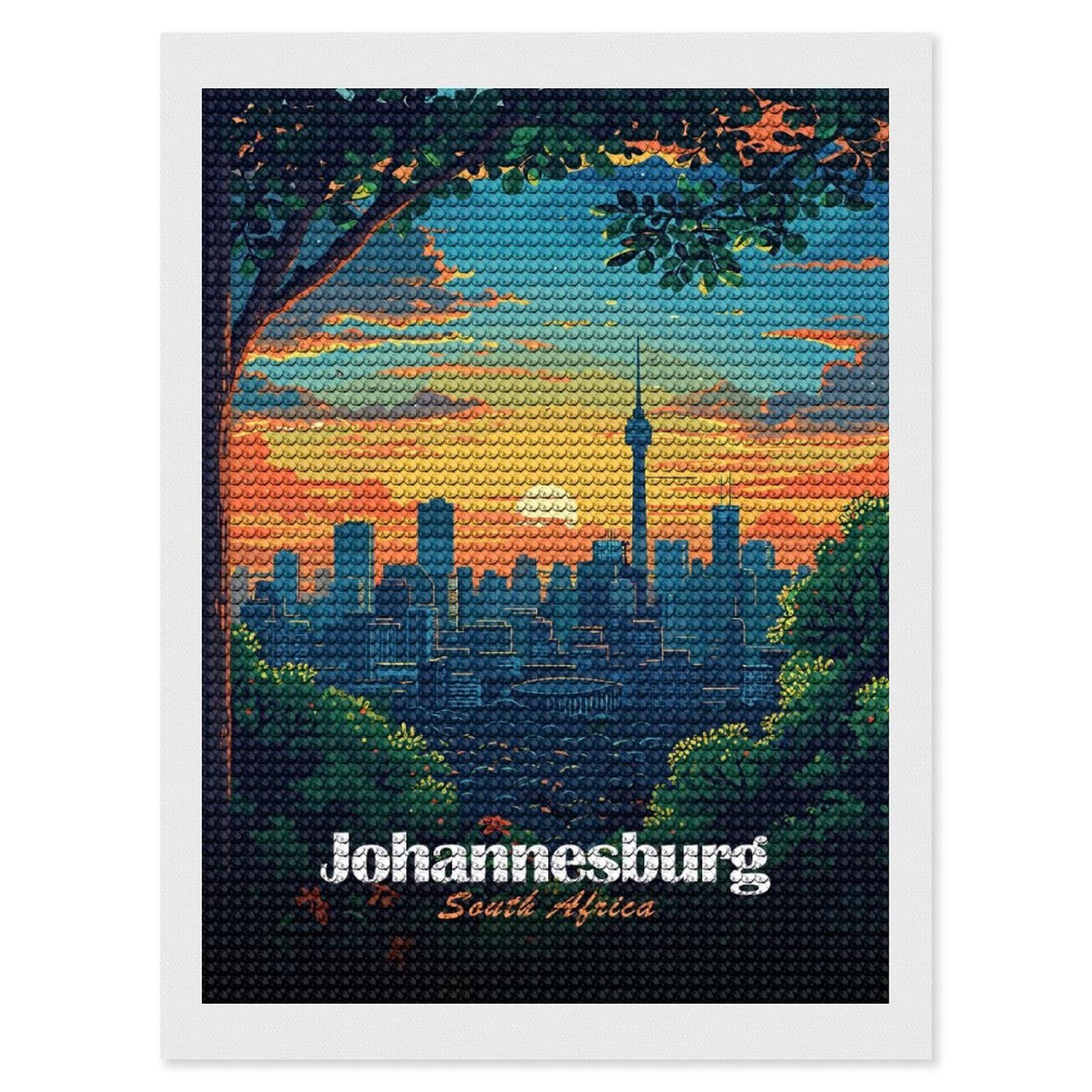 Junmoney Johannesburg South Africa Cityscape Illustration Diamond Art Canvas 12"x16", Easy to Follow Symbols, Finish and Display, Fun Craft Experience, Aesthetic Room Decor