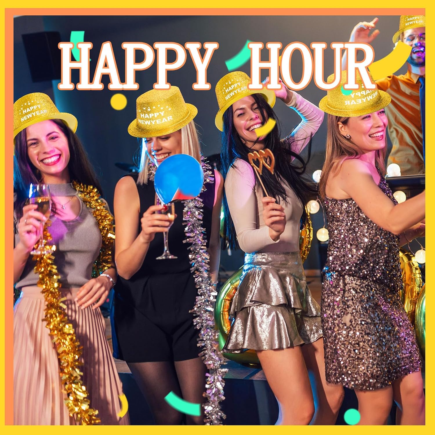 Hillban 12 Pcs Top Hats Glitter Plastic Disco Party Hat for New Year Magician Birthday Wedding Carnival(Golden with Letter,Novel)
