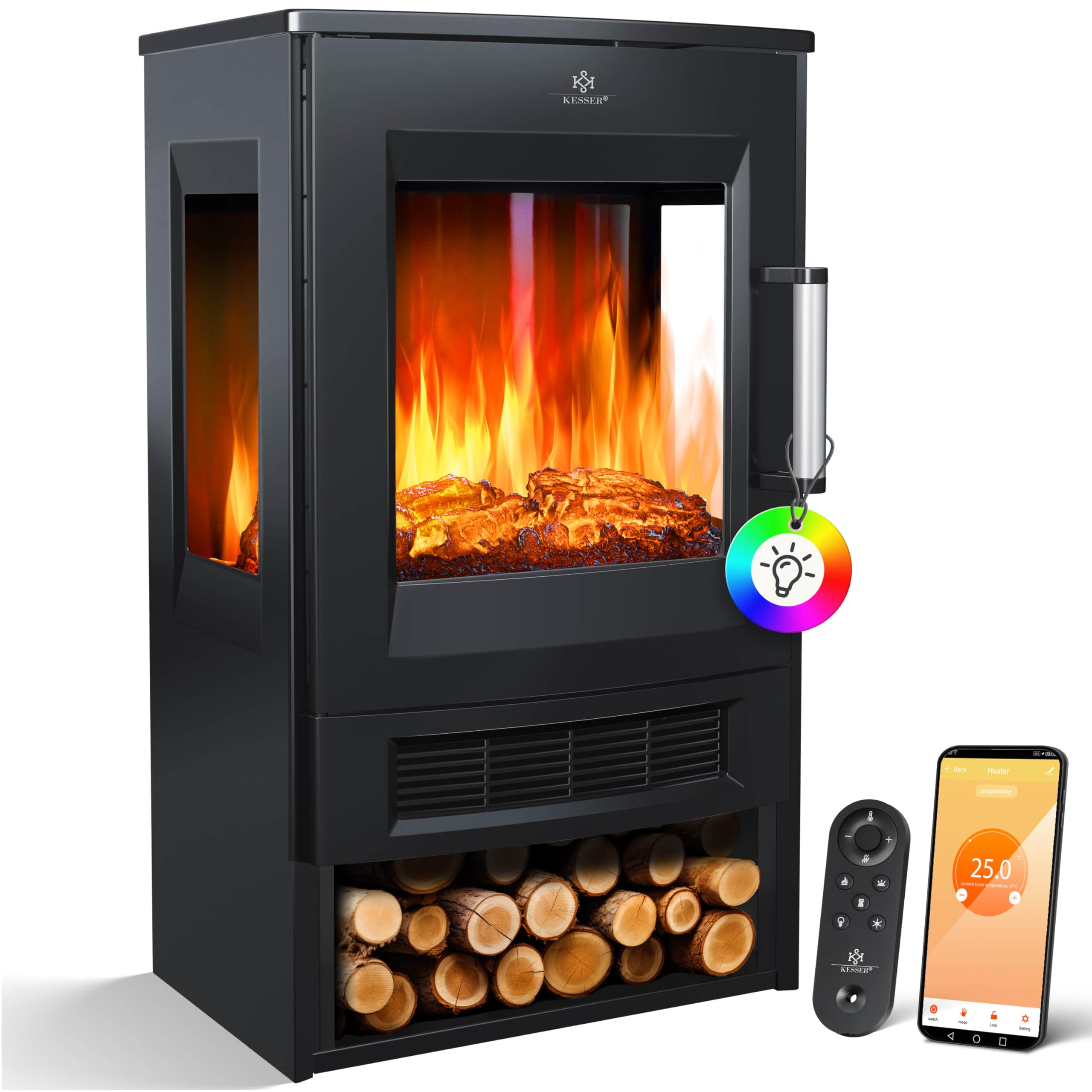 KESSER® Elektrokamin mit Heizung Panorama-Sichtfenster Heizlüfter 9 LED-Flammeneffekt Farbmodi Fernbedienung WiFi App 900/1800W Kaminfeuer elektrisch mit Thermostat Heizfunktion Timer