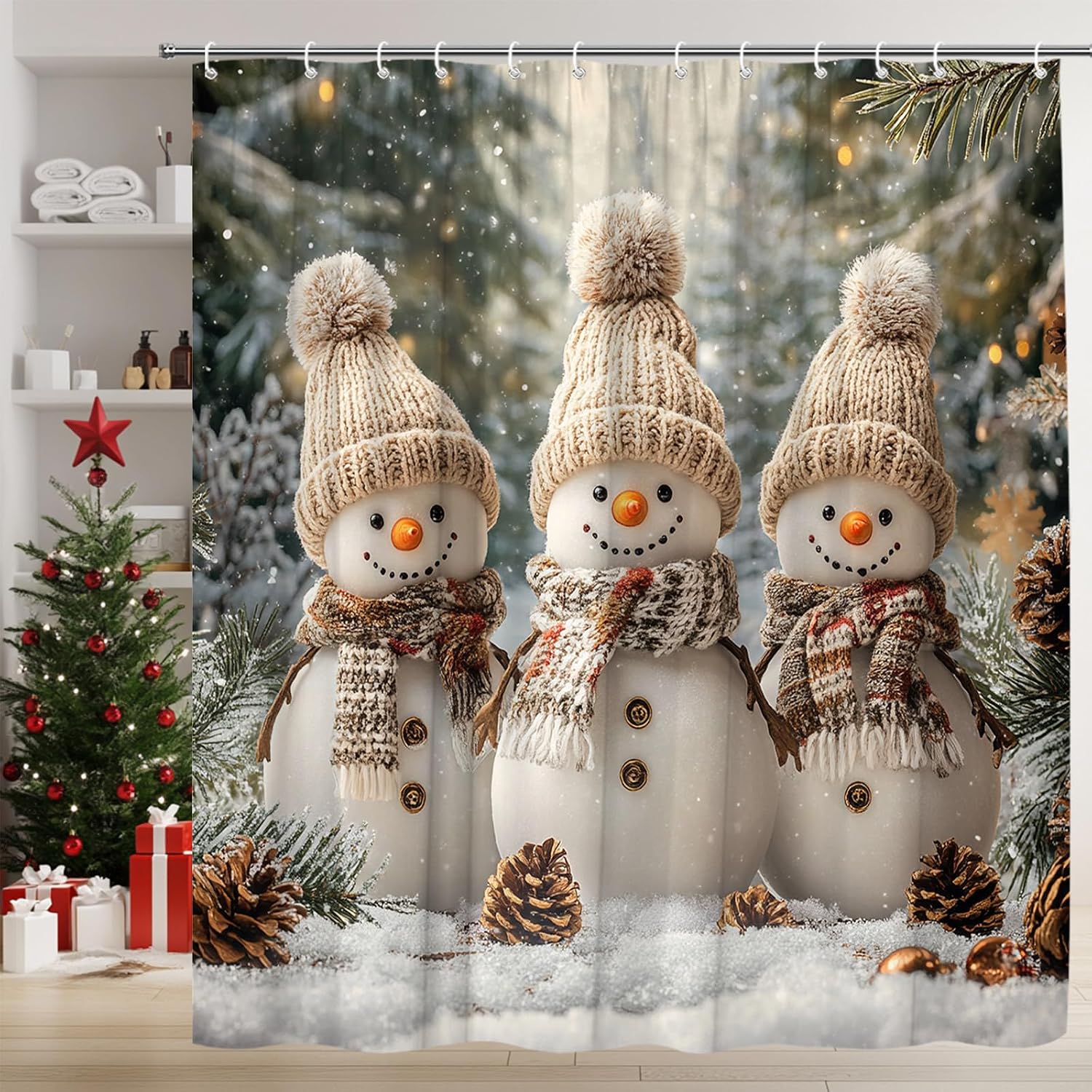 Christmas Snowman Shower Curtain Winter Pine Tree Snowflower Cute Xmas Holiday Rustic Snowy Scene Bathroom Curtain Fabric with Hooks(84" Wx70 H)