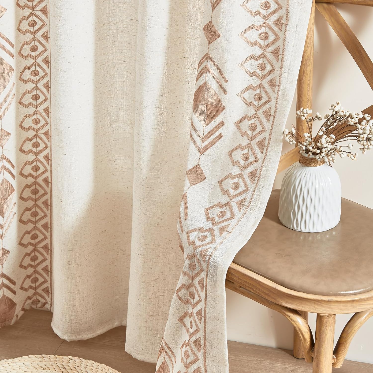 ボヘミアンロングカーテン リビングルーム用 長さ96インチ ベージュ リネン 刺繍カーテン 2パネル ベッドルーム ファームハウス