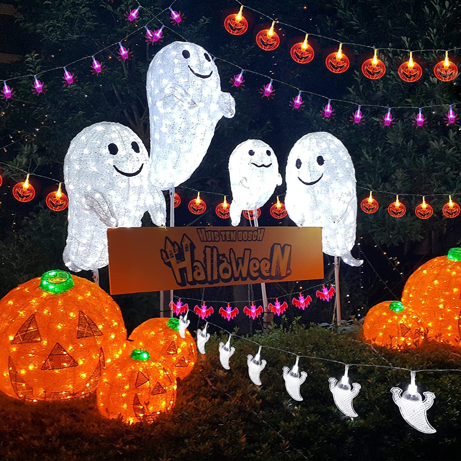Guirlande Lumineuse Citrouille D'Halloween Avec 12 Chauve-souris