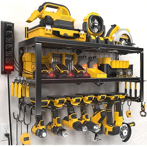 Power Tool Organizer Wall Mount with Charging Station, 7 Slots for Cordless Drill Holder Storage, Tool Battery Holder with 6 Outlet Power Strip, Heavy Duty Garage Organizers, Father/Dad Gifts