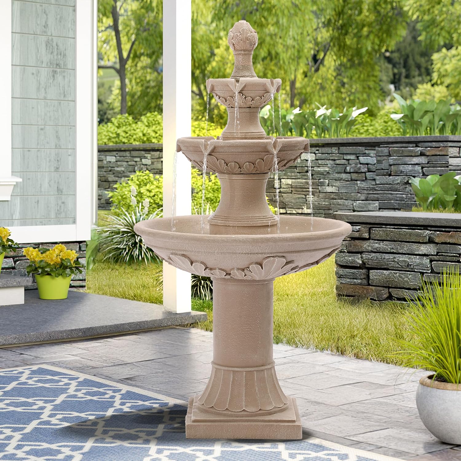 48.4" H 3-Tiers Italian Freestanding Water Fountain Classic Leaf Design, Roman Pillar Indoor Outdoor Floor Cascading Waterfall with Pump and Pineapple Top for Yard Patio Lawn Home Decor (Tan)