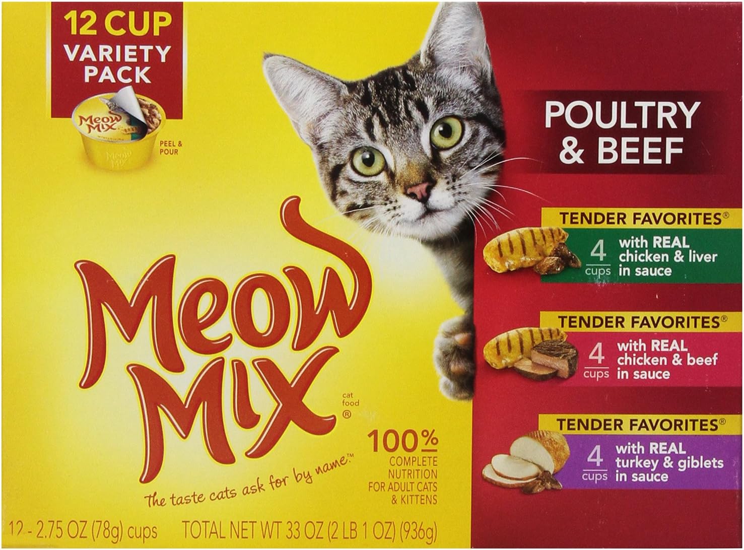 Meow Mix Tender Favorites Poultry & Beef Variety Pack, 2.75-Ounce Cups, 12-Count