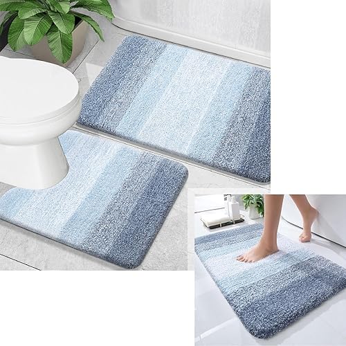 OLANLY Juego de 2 alfombras de baño y alfombras de baño ombré, tamaño de alfombra de baño 30 x 20 pulgadas y juego de alfombra de baño 24 x 16 + 24