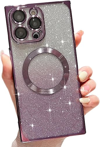 Misscase Funda para iPhone 13 Pro Max compatible con MagSafe, protección completa, protector magnético de lente de cámara con purpurina,
