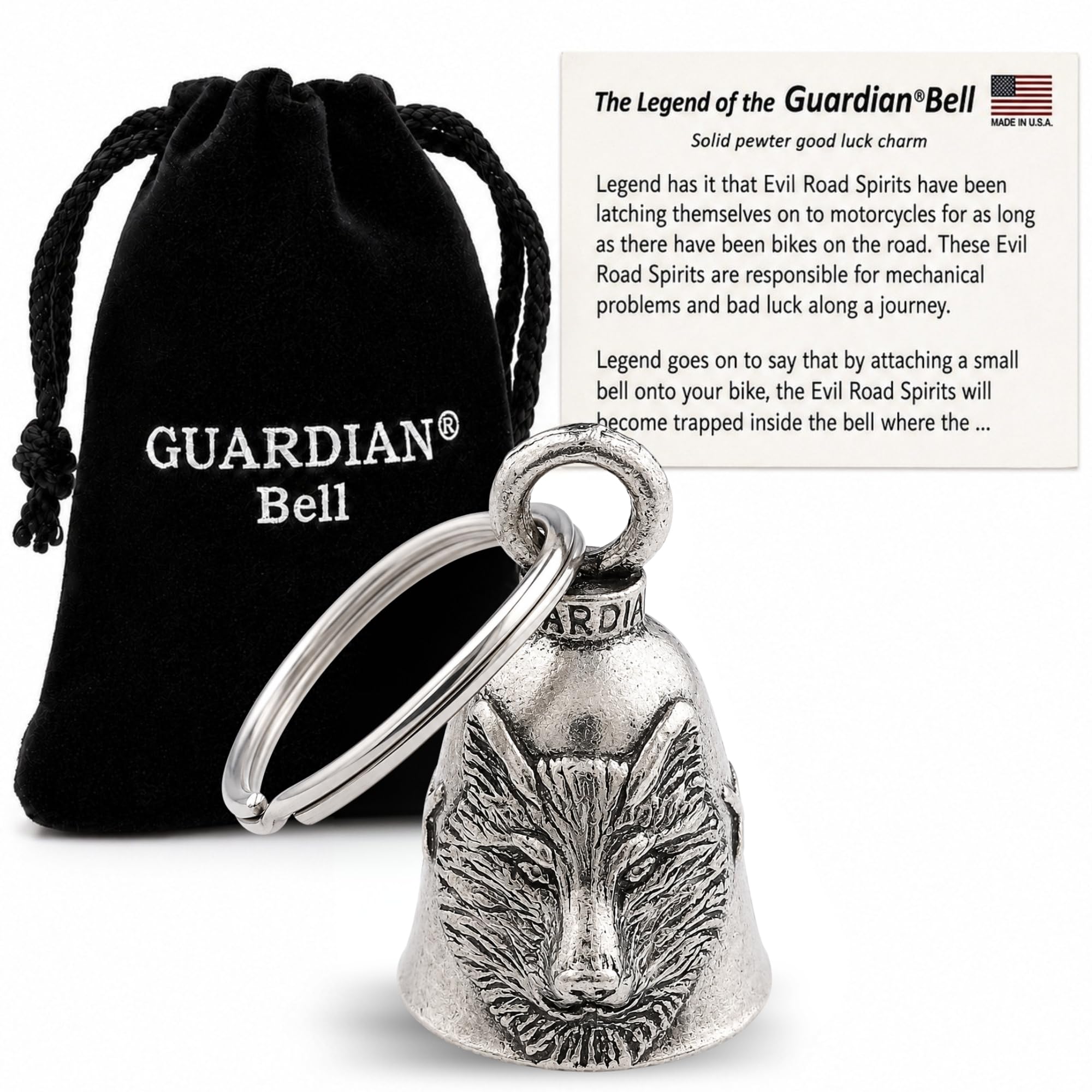 Guardian Bell Wolf Good Luck Bell w/Keyring &amp; Black Velvet Gift Bag | Motorcycle Bell | Lead-Free Pewter | Good Luck Gift to Friends &amp; Family | Bike Bell | Made in USA