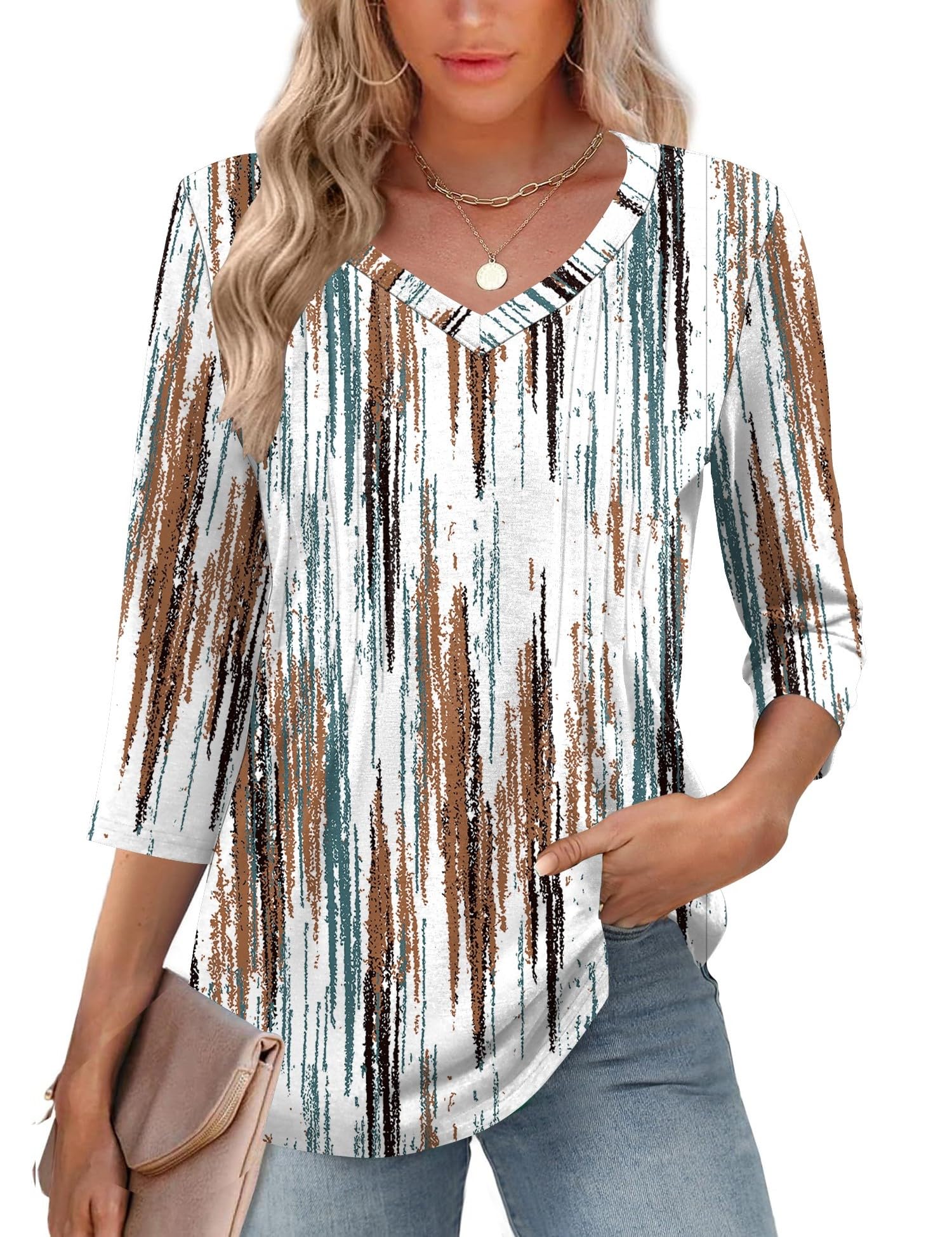 Romanstii Shirts for Women 2026 Spring 3/4 Length Sleeve Womens Tops Dressy Casual Pleated Blouses V Neck Tee Shirts S-3XL