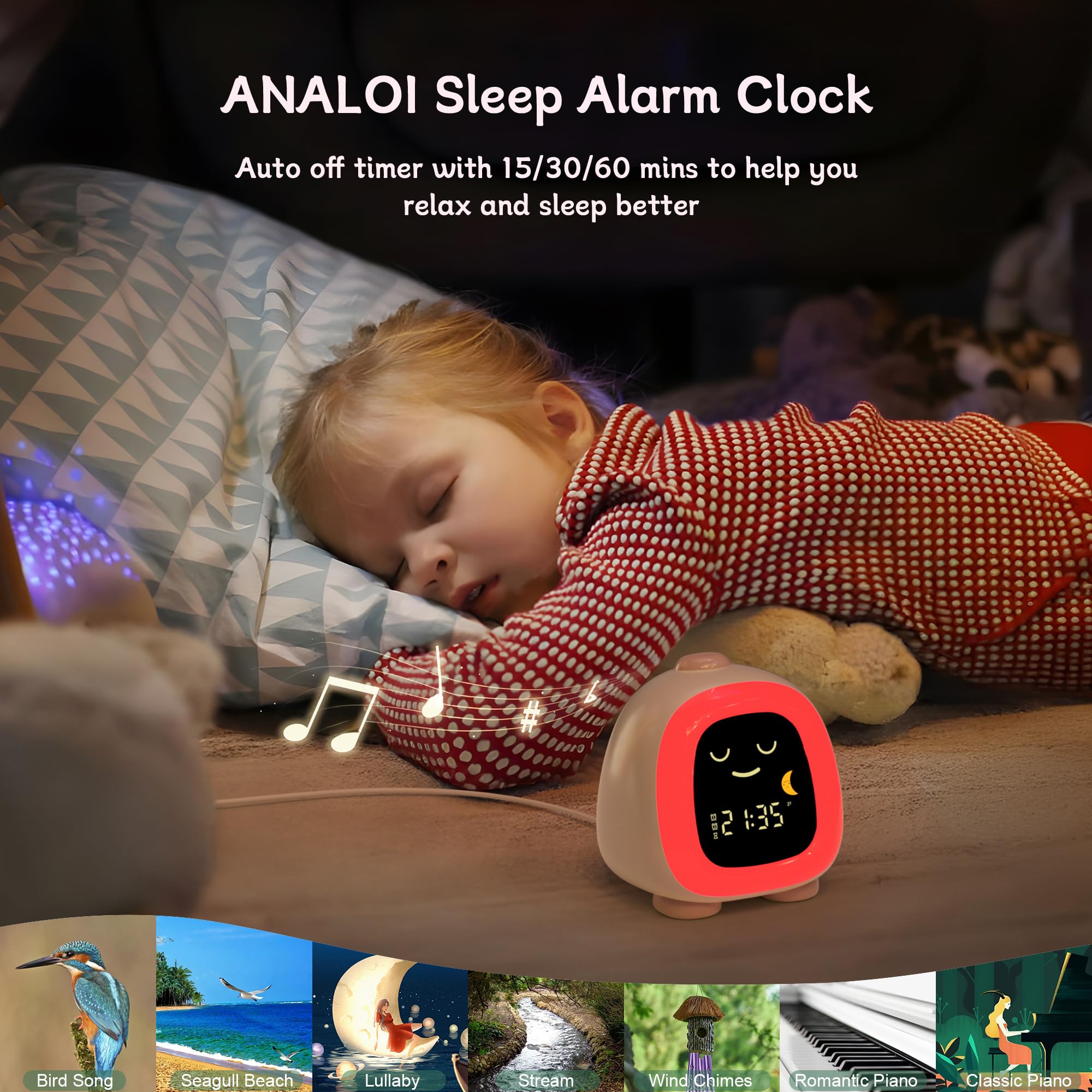 ANALOI Jolie horloge pour enfants, veilleuse pour enfants avec mode répétition, minuterie de sommeil, double alarme, entraînement au sommeil, 3 luminosités, veilleuse 10 couleurs, volume réglable,