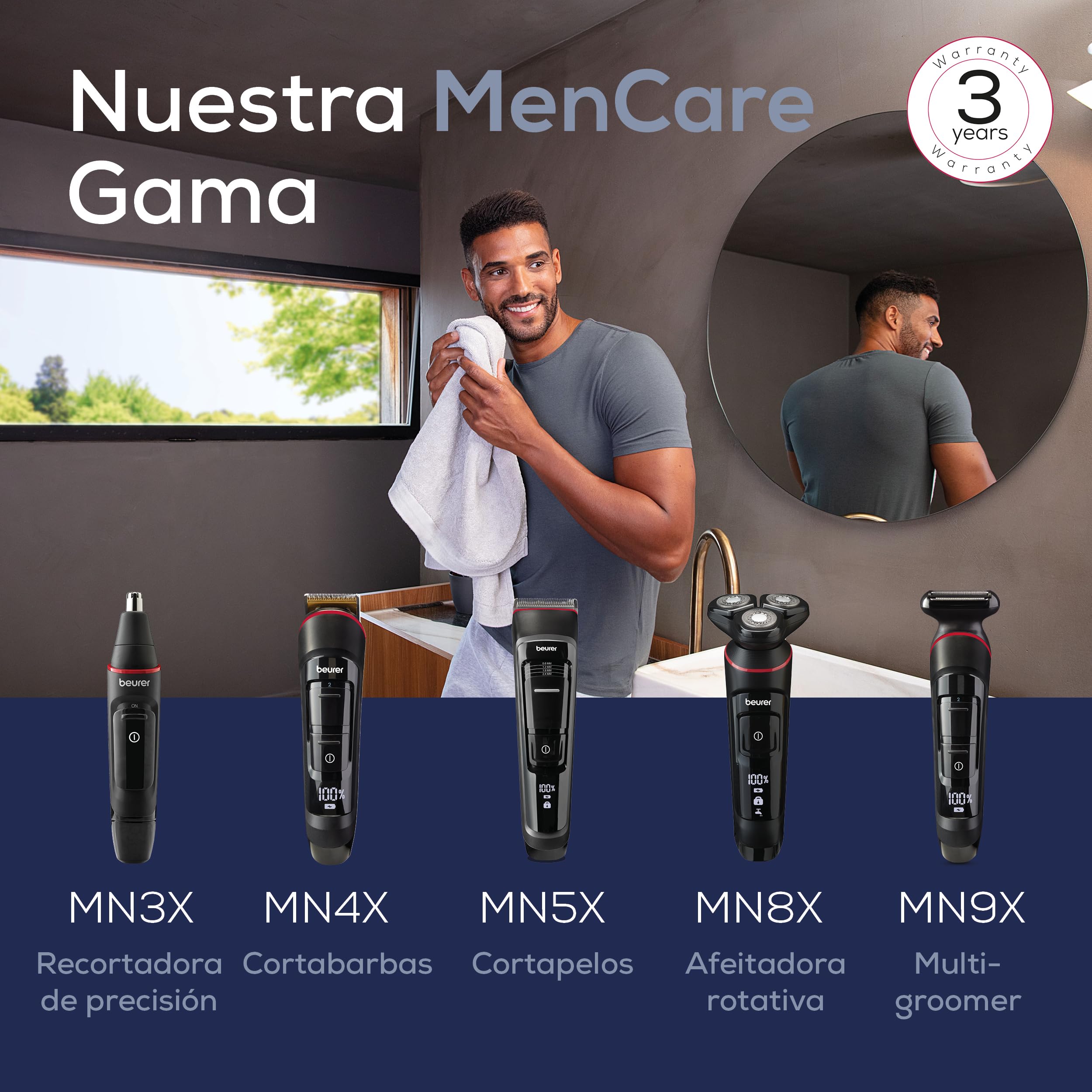 Beurer MN2X Recortadora de precisión, para recortar y dar forma al vello de ojos, nariz y orejas, 3 accesorios de acero inoxidable, resistente al agua, funciona con pilas