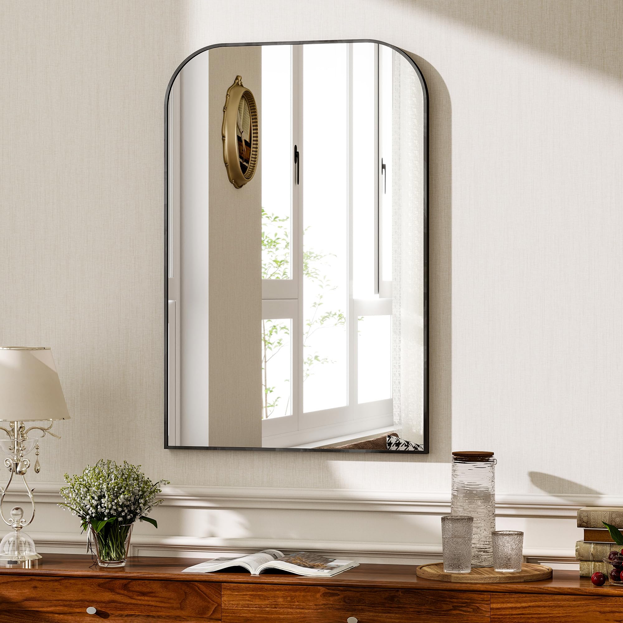 Koonmi Rounded Rectangle Bathroom Wall Mirror, 60 x 90 cm, Black
